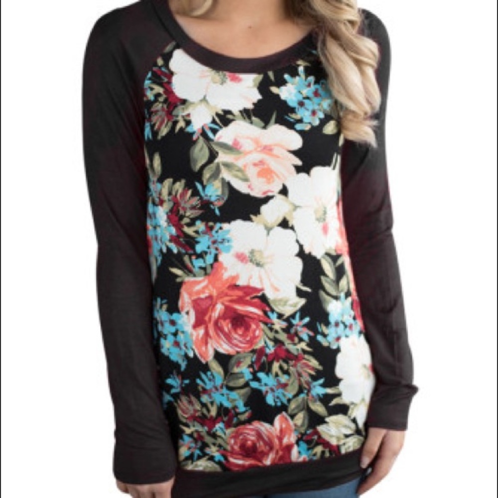 Black Raglan Sleeve Floral Top